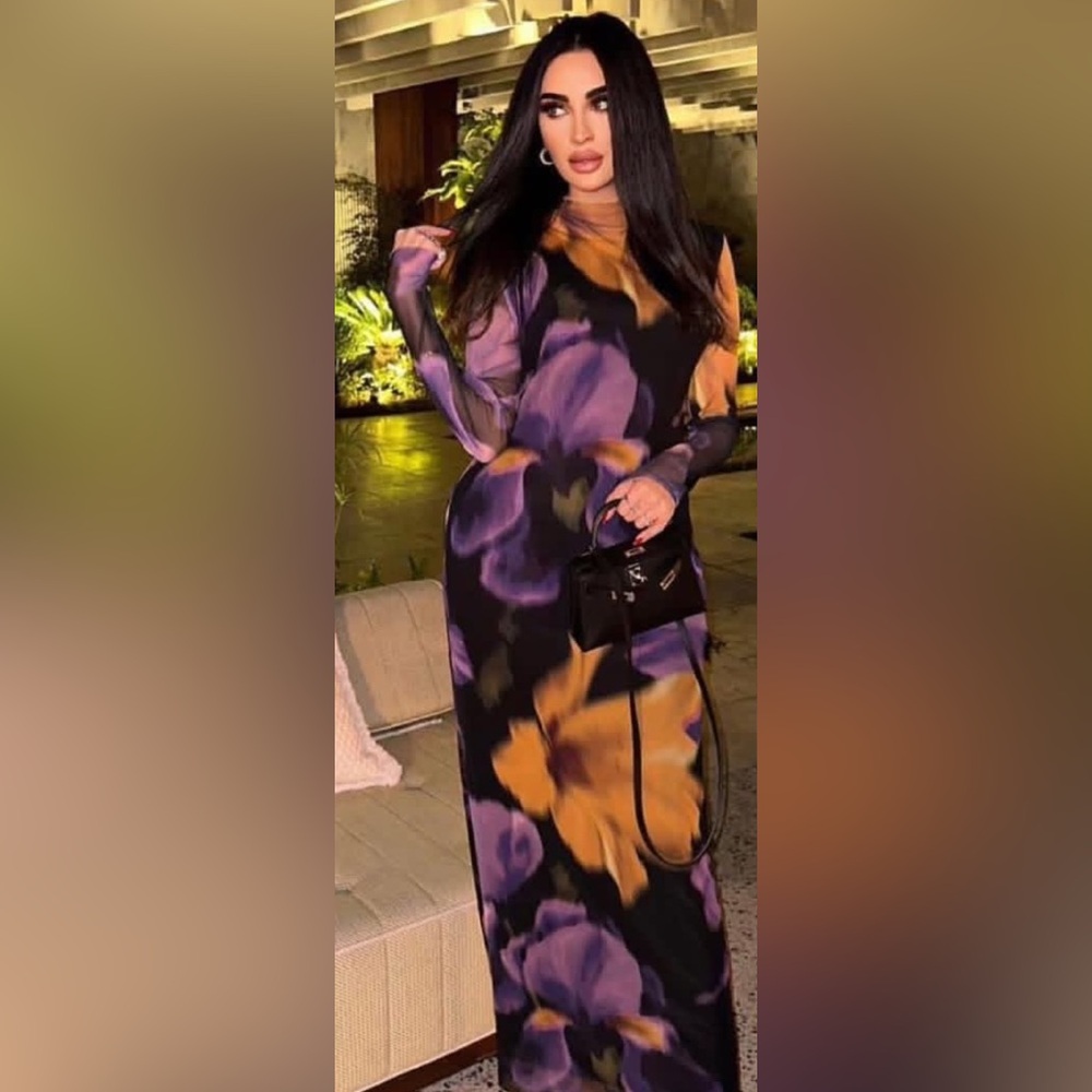 Mango Black Maxi Dress Floral High Neck Bodycon Dress